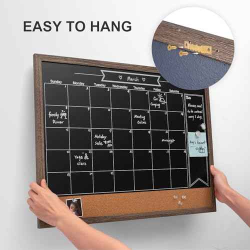 ARCOBIS Chalkboard Calendar with Cork Board, 24x18 Inch Wood Frame Bulletin Board for Wall, Magnetic Chalk Calendar Board with Chalk Markers, Push-Pins and Magnets,Grey