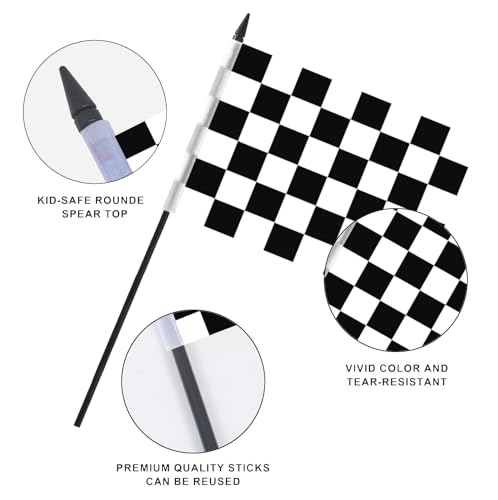 Checkered Black and White Racing Desk Flag 12" with Stand - Deluxe Set, 12 Pack