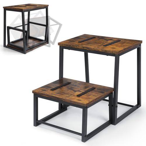 Vrisa Rustic Brown 2-Step Wood Stool with 550 Lbs Load Capacity — 3-in-1 Foldable Bedside Kitchen Stool