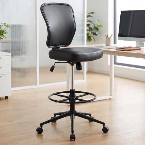 Armless Tall Drafting Chair with Adjustable Height – PU Leather Office Stool