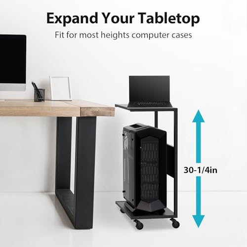 Computer Tower Stand, C-Shape Large PC Stand Gaming Computer ATX-Case Storage, 2-Tier Mobile CPU Holder Cart Laptop Standing Table with Rolling Wheels for Home, Office, Black
