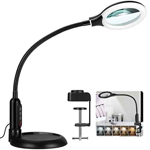 8X Magnifying Glass with Light and Clamp, 5 Color Modes Stepless Dimmable Lighted Magnifier with Stand, Flexible Gooseneck LED Desk Lamp Hands Free for Craft Reading Painting Hobby Close Work