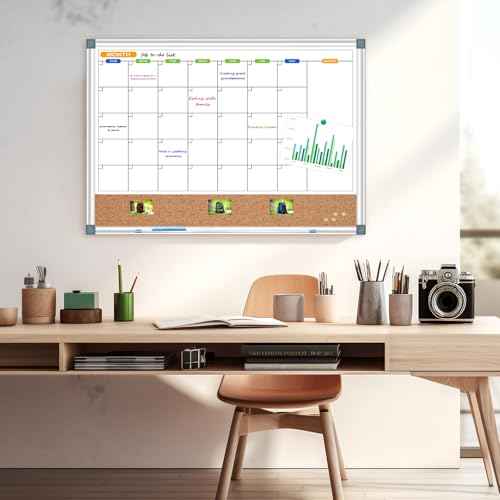 Calendar Whiteboard Corkboard Combination for Wall, Double-Sided 24" x 18" Monthly Whiteboard Calendar and Dry Erase Board for Office, Kitchen, Planning, Memo, School, Home