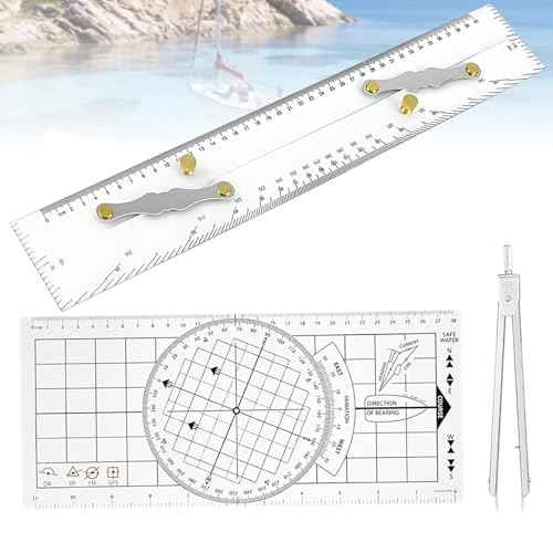 3 Pcs Basic Navigation Set - Marine Navigation Primary Tools,Include 16 Inch Marine Parallel Ruler,Nautical Protractor and 6 Inch Marine Fixed Points Divider for Boat