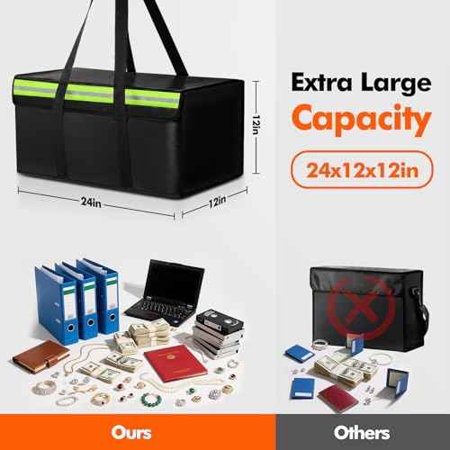 Large Fireproof Document Bags 24x12x12in, Fireproof Document Box for Cash, Photo Albums, Valuables, Extra Large Fireproof Bag Waterproof Document Storage with Reflective Strip, Black