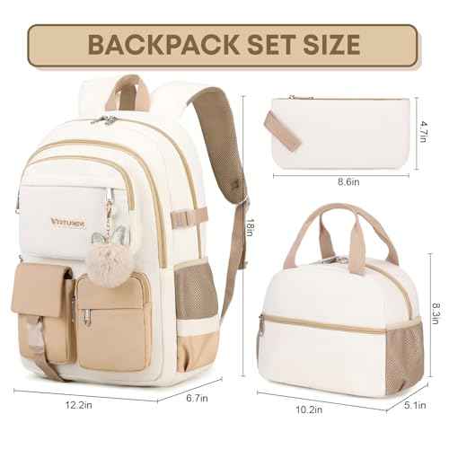 3PCS School Backpack For Student Women College Middle High Teen Girls Bookbag Waterproof Laptop Bag Beige Khaki