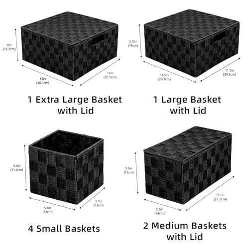 Woven Polypropylene Basket Set of 8, Woven Storage Basket, Woven Strap Baskets, Woven Basket Organizer for Bedroom, Bathroom, Office, Shelf, Dresser, Kitchen, Pantry, Black