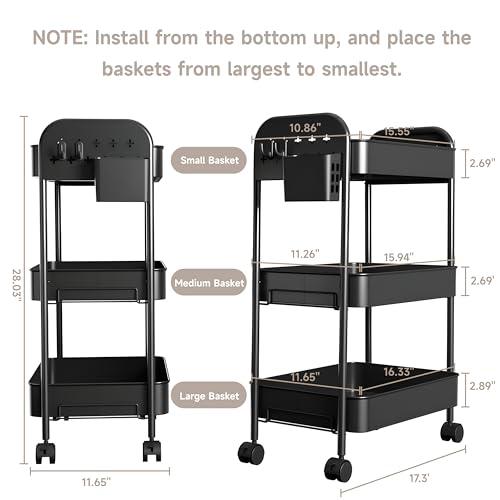 Heavy-Duty 3-Tier Metal Rolling Cart – ZXICEU Matte Black Utility Cart