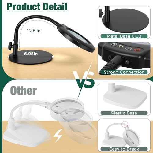 Drdefi 10X Magnifying Glass with Light and Stand, 5 Color Modes Stepless Dimmable Flexible Gooseneck Magnifying Desk Lamp, LED Lighted Magnifier Hands Free for Close Work Craft Reading Painting Hobby