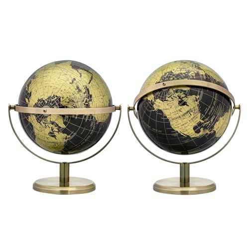 EXERZ 20cm Globe Black & Golden, All Direction 360 Rotating - World Globe Educational Geographic - Bronze Arc and Base. English Map.