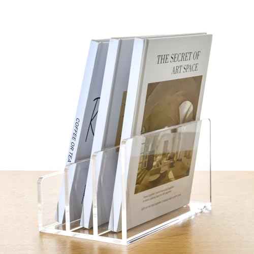 3 Compartments Clear Acrylic Mail Holder ? Vertical Letter Sorter & Multifunction Desk Organizer for Bills, Documents, Notebooks ? Modern Office/Home Envelope File Rack