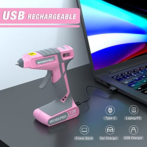 WORKPRO Pink Cordless Hot Melt Glue Gun with 20 Pcs Mini Glue Sticks (Pink)