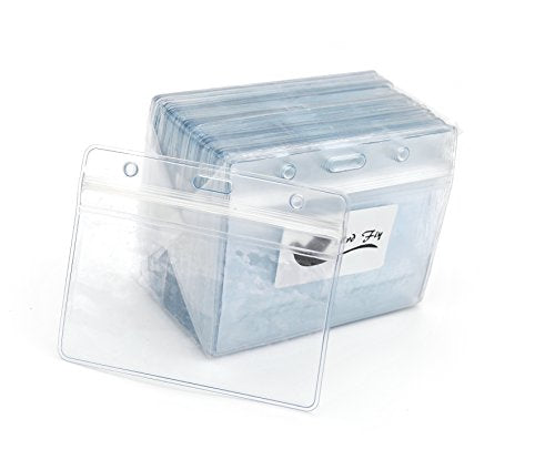 Bird Fiy 50 Pcs Clear ID Card Holders + 50 Pcs Black Weave Lanyards, Horizontal Card Size