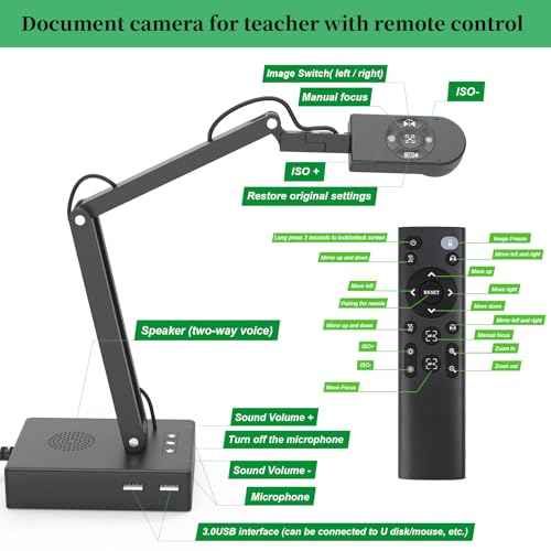 Document Camera for Classroom, USB Camera for Teacher, 12MP & 9X Zoom-in, Move lmage, Mic and Speaker, Mirroring, LED Light, 2 Port HUB, for Remote Learning, Painting, Live Demo (with Remote)