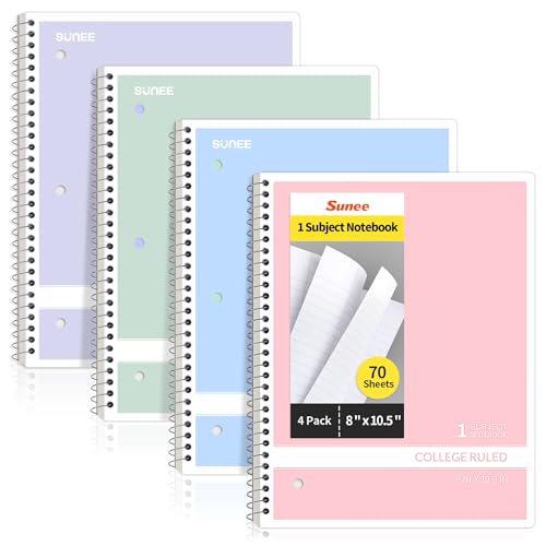 SUNEE Multicolor Spiral Notebooks 1-Subject Pastel Pack, 8x10.5in, 70 Sheets