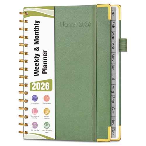 2026 Planner, Hardcover Leather Weekly and Monthly Planner, January 2026 - December 2026, Spiral Yearly Agenda Organizer Book 2026 with Tabs, Daily Calendar Planners for School Work Home, A5 (5.75" x 8.38"), Green