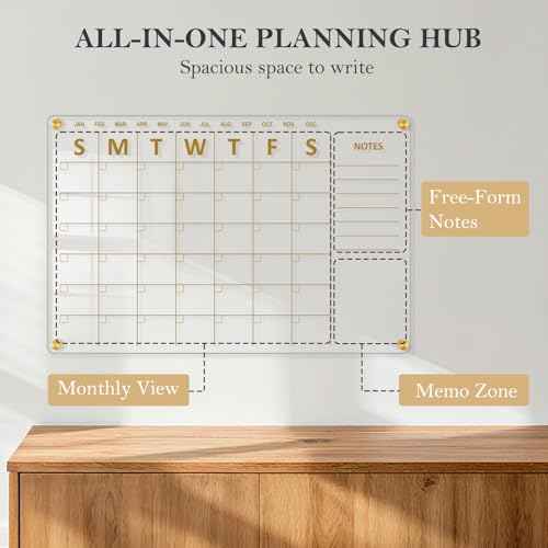 Acrylic Calendar for Wall, 24"x16" Gold Dry Erase Board Weekly Planner Wall Mounted Board, Frameless White Board for Home, Office, School