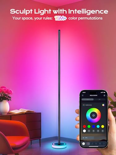 Black Smart RGBICW Floor Lamp with App Control, 16M Colors, Music Sync, Dimmable Ambient Light