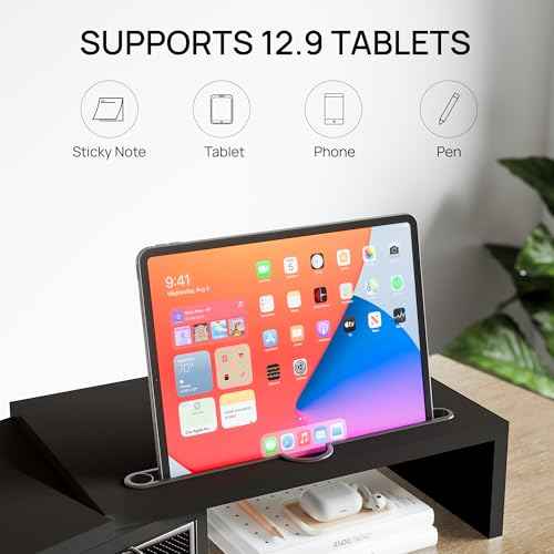 ZIFTY Dual Monitor Stand Riser with 2 Drawer and Smartphone Holder, Desk Organizer for 3 Monitors, Adjustable Length & Angle Workspace Organizers for Monitors Laptop Printer Computer, Black