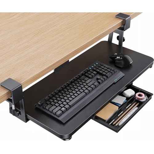 HUANUO Large Under Desk Keyboard Tray with Sturdy C-Clamp Mount, 26 (30.16" Including Clamps) x 12 inch Slide-Out Platform Computer Desk Heavy Duty Keyboard Tray with Storage Drawer for Typing, Black