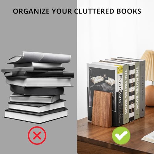 Muso Wood Brown Book Ends - Thickened Wooden Bookends for Heavy Books, Handmade Acacia Decorative Shelving Support