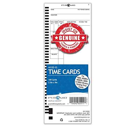 Pyramid Time Systems - Authentic Time Cards (44100-10) for Pyramid Models 4000, 4000PRO, 4000PROK, 5000HD & 5000 Auto Totaling Time Clocks, Single Sided Time Sheets (3.5 x 9 in) -100 Time Cards