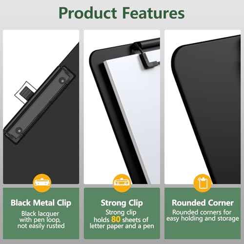 2 Pack Black Clipboard with Pen Holder, 8.5 x 11 Plastic Clip Boards with Black Low Profile Clip, Letter Size for Classroom, Teacher, Students, School, Office Supply