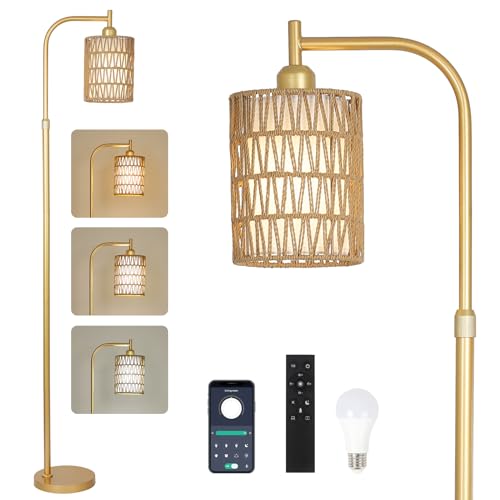 Modern Gold Floor Lamps for Living Room, Boho Rattan Floor Lamp with Remote & Dimmable LED Bulb, Farmhouse Standing Lamp with Rattan Shades, Minimalist Tall Pole Lamp for Bedroom Office