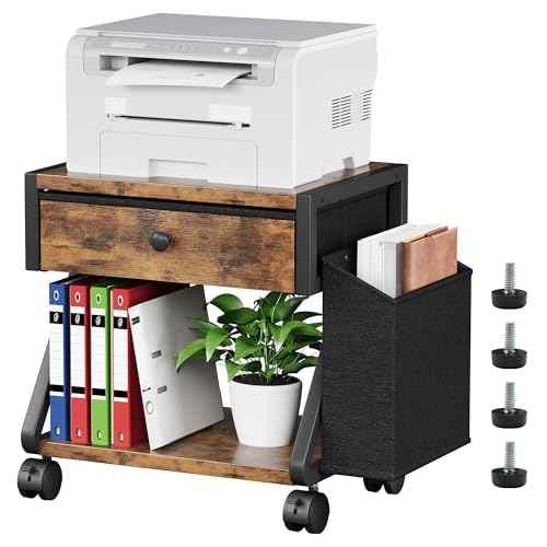 Homeiju Under Desk Printer Stand, 2-Tier Industrial Mobile Printer Table with Storage Bag and Drawer, Rolling Printer Cart Holder with Lockable Wheels for Home, Office