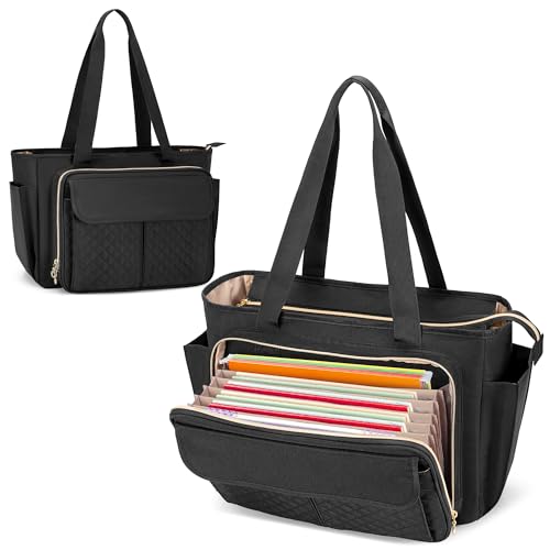 LUXJA Teacher Bag with Accordion File Area and Laptop Sleeve, Teacher Tote Bag for Women (Patent Pending), Black