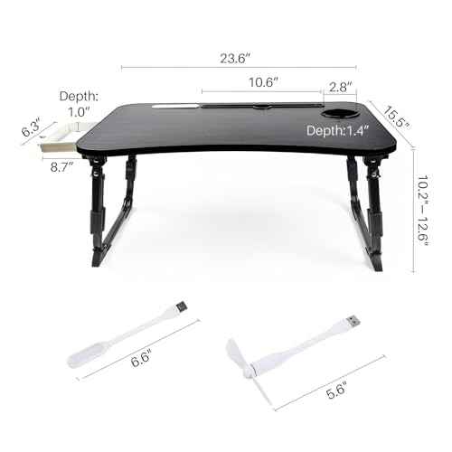 Laptop Desk for Bed, Height Adjustable Laptop Bed Table, Foldable Portable Lap Desk Stand with USB/Storage Drawer/Cup Holder/Slot, Breakfast Tray for Working Reading Writing Eating