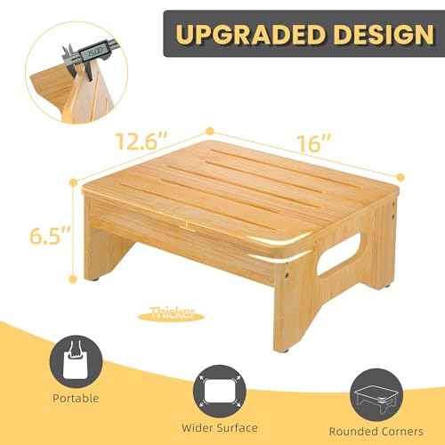 Wooden Step Stool for Adults & Kids, Non-Slip Rubber Feet, 6.5 Inch High, Lightweight Small Step, 400 Lbs Capacity, Bed Step Stool for High Bed, Bathroom & Kitchen, Bamboo