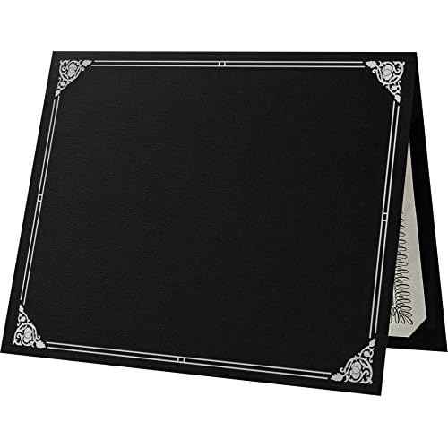 LUXPaper 9.5" x 12" Certificate Holders | Black Linen | Embossed Silver Foil Floral Border | 100lb. Cover | 25 Qty