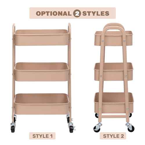 AGTEK Makeup Cart, Movable Rolling Organizer Cart, 3 Tier Metal Utility Cart with Lockable Wheels for Home & Office, Milk Tea