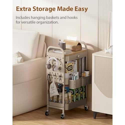 ALVOROG Rolling Cart with Drawer and Wood Table Top, 3 Tier Metal Rolling Utility Cart on Wheels with DIY Pegboards, Hanging Baskets, Hooks for Kitchen, Bedroom, Office, Craft Supplies