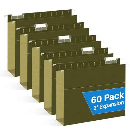 Extra Capacity Hanging File Folders, RAZCC 60 Pack Letter Size Reinforced Hanging Folders with Heavy Duty 2 Inch Expansion for Bulky Files, Filing Cabinet, Adjustable Tabs, Green
