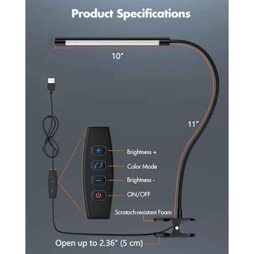 JHD LED Desk Lamp with Clamp - Adjustable 3 Color Modes 10 Brightness Level Table Lamp, USB Eye Caring Flexible Gooseneck Desk Light for Home Office, Dorm Room, Reading, Nail, Clip On Light, Black