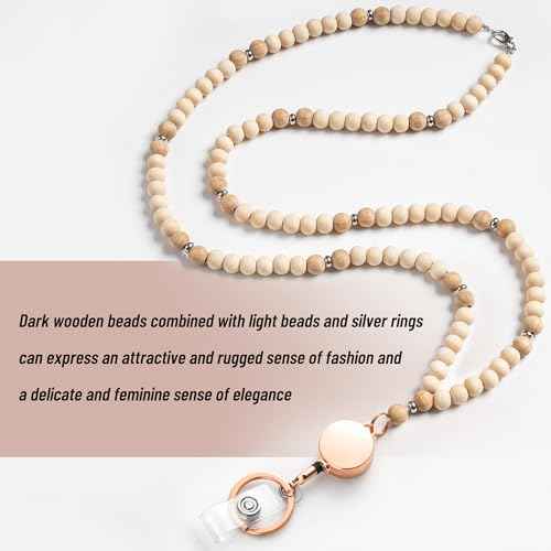 POPLOPP Lanyards for Id Badges for Women, Cute Teacher Lanyard with ID Holder and Retractable Badge Reel for Keys, Wooden Beaded Keychain Lanyard