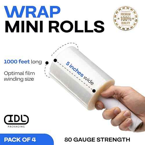 IDL Packaging - F-51-4 5" x 1000' 80 gauge Bundling Stretch Wrap Rolls with Extended Core Handle, Clear (Pack of 4)