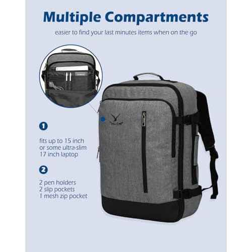 Hynes Eagle Carry on Backpack 38L Large Travel Backpack for Women Flight Approved Weekender Bag Laptop Backpack Men 15 inches Black Grey 2023