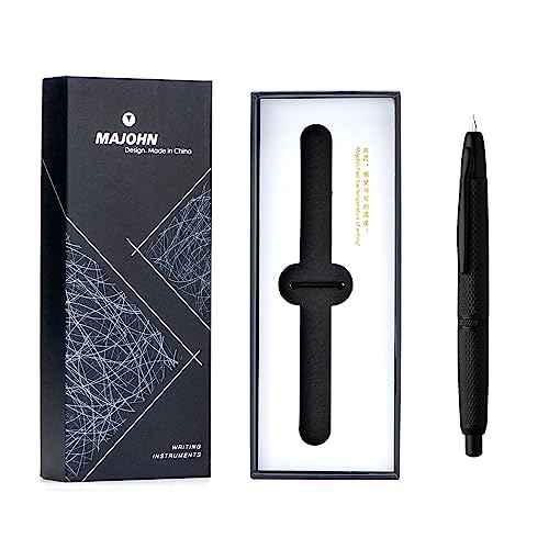 Majohn A1 Retractable Fountain Pen Extra Fine Nib with Box, Black Grid Press Pen with Converter for Writing (With Clip Version)
