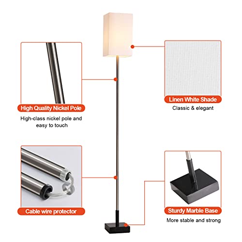 Floor Lamp, 3-Way Touch Control Dimmable Standing Lamp with Sturdy Marble Base, Brushed Nickel Touch Floor Lamp Tall Lamp with Square Linen Shade for Living Room, Bedroom, LED Bulb Included