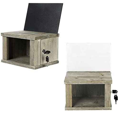 MyGift Set of 2 Vintage Gray Brown Solid Wood Suggestion Box, Comment Box and Money Donation Collection with Lock, Key, and Interchangeable Acrylic and Chalkboard Sign Holder