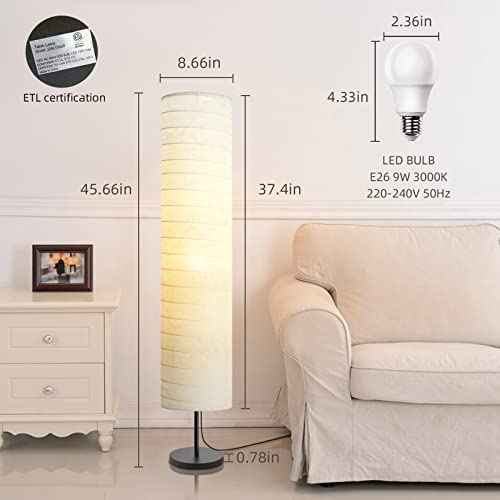 Modern Floor Lamp, Dimmable 3 Levels Brightness Paper Tall Lamp Standing Lamps with Lampshade, 55'' Minimalist Floor Lamps for Office, Kids Room, Reading, Home Decor (White)