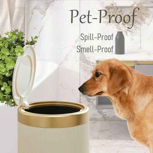 Yatmung Bathroom Trash Can with Lid - Decorative Trash Bin (Faux Plant) - Small Bathroom Garbage Can - Bedroom, Living Room, Entryways - Plastic Hidden Waste Basket - 2.6 Gal, Cream with Gold Edge