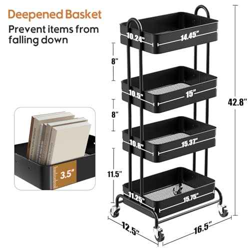 Ceayell Metal Rolling Storage Cart Heavy Duty Utility Cart Organizer with Lockable Wheels (Black, 4-Tier)