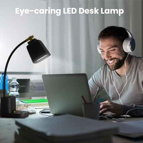 Desk Lamp for Home Office, with USB Charging Port & Pen Holder, Touch Control Dimmable, Perfect for Study, Reading, Work - Black