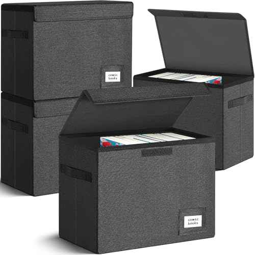 Leffis 4 Pack Comic Book Storage, Collapsible and Stackable Comic Short Box, Moistureproof Comic Box with Lid and Label Slot 15.5" X 7.5" X 11.3" Holds 150 Comics