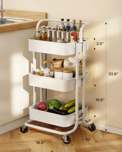 Pipishell 3-Tier White Rolling Utility Cart with Wheels & Handle