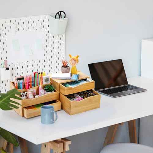 Yopay 2 Pack Bamboo Desk Organizer, Stackable Desktop Organizers with 3 Drawers, Bamboo Office Tabletop, Countertop Organization for Stationery, Makeup Vanity, Fully Assembled